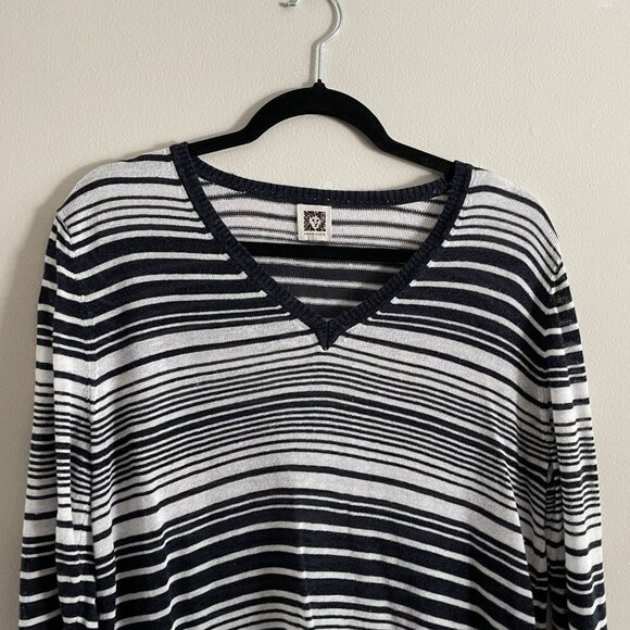 Anne Klein Women M White/Blue/Red Striped Linen Blend V-Neck 3/4 Sleeve Sweater - Picture 4 of 10